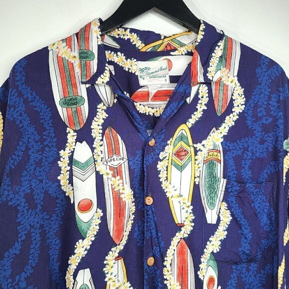 Vintage 1980s Diamond Head Sportswear Blue Hawaiian Made Surf Waikiki Shirt - Picture 2 of 7